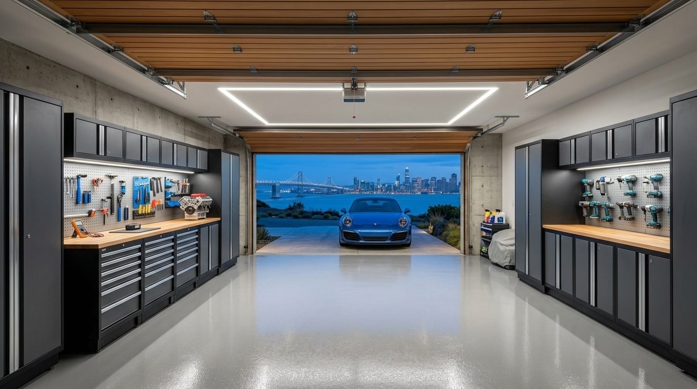 Noa Garage Door Service Interior View of Custom Garage Door Overhead and Workshop